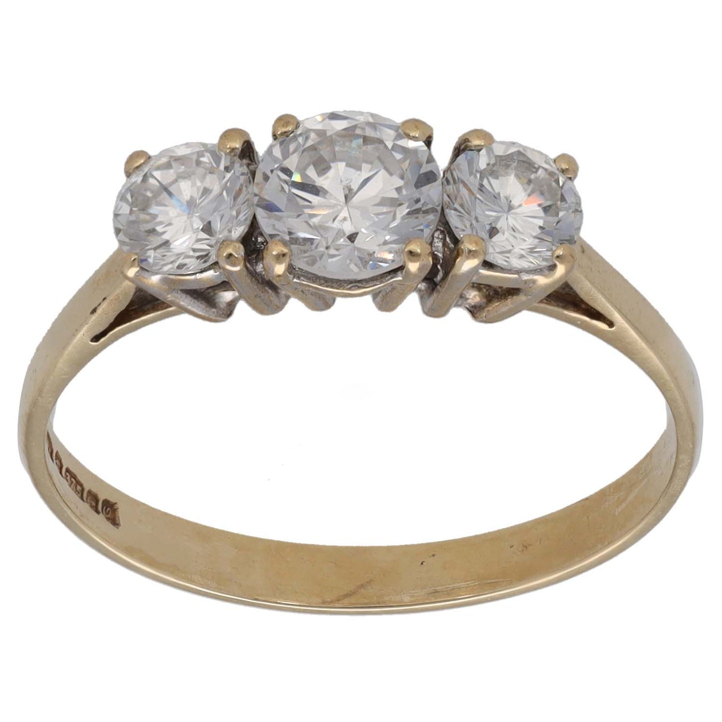 Gold-tone three-stone CZ ring with three round clear stones on a slim band