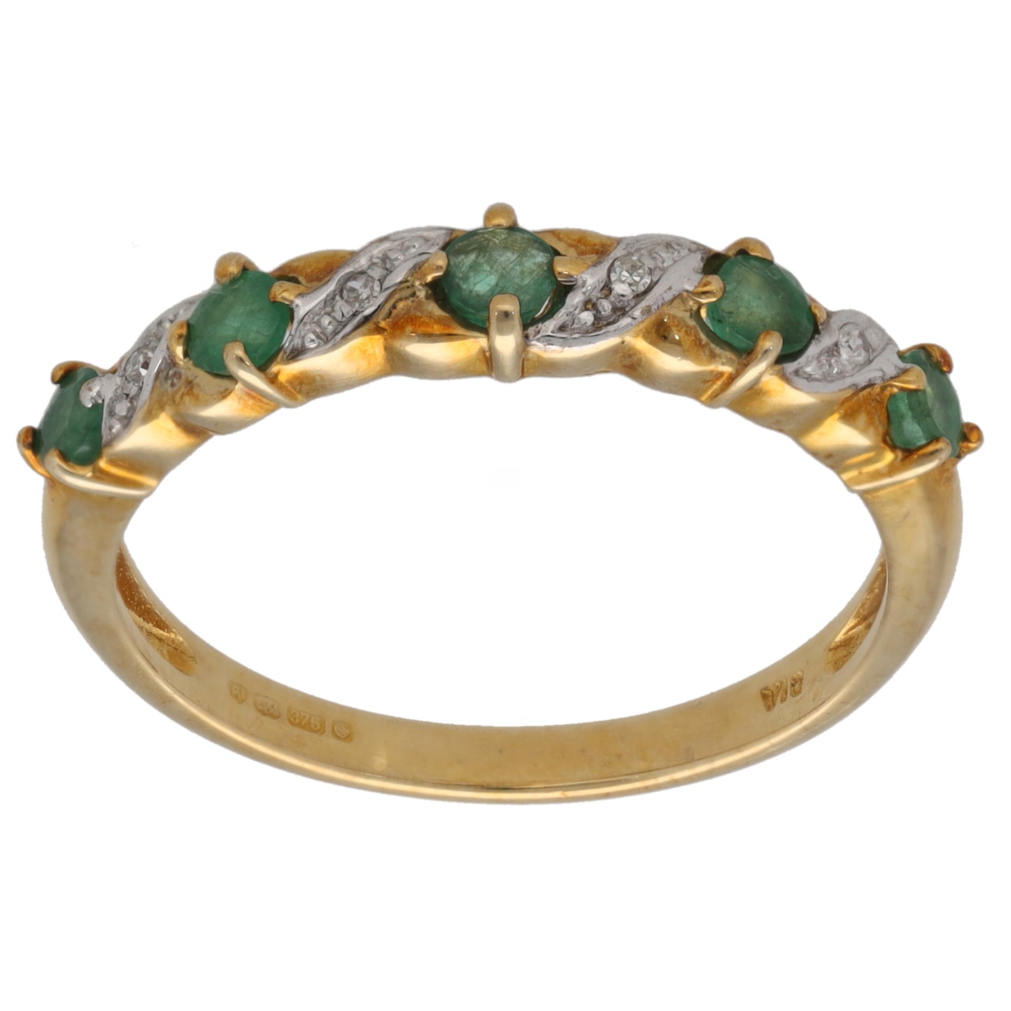 9ct Gold Emerald & 0.02ct Diamond Half Eternity Ring Size P