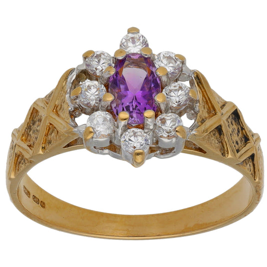 14ct Gold Amethyst & Cubic Zirconia Cluster Ring Size O