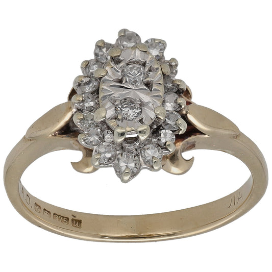 9ct yellow gold round diamond cluster ring with raised center and halo stones