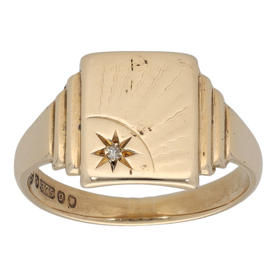 9ct Gold 0.01ct Diamond Patterned Signet Ring Size T