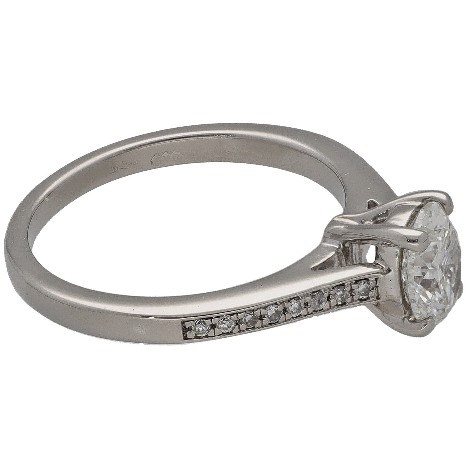 Platinum diamond solitaire ring, round center stone with pave side accents