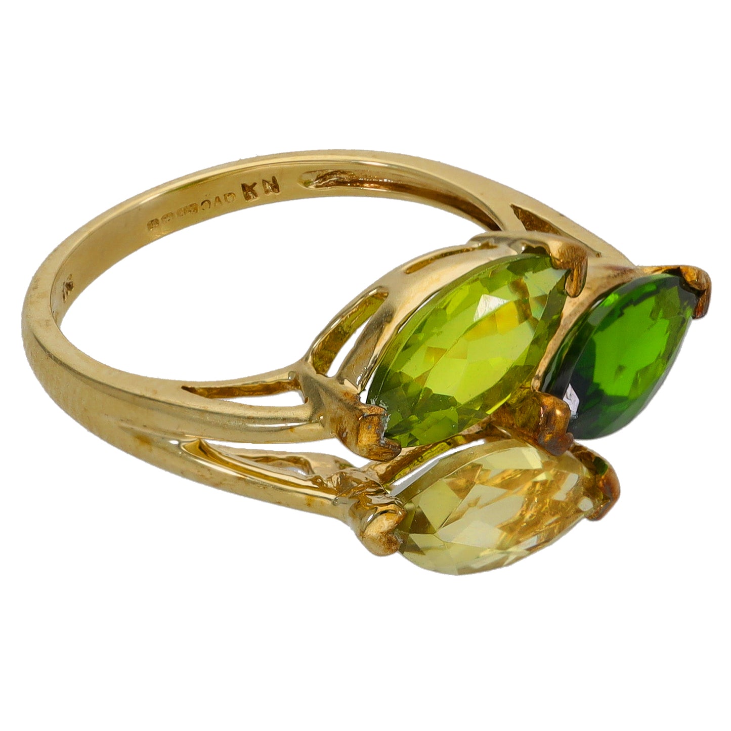 9ct Gold Quartz & Peridot & Diopside Three Stone Ring Size L
