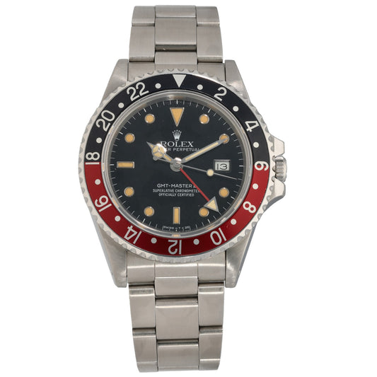 Rolex GMT Master II 16760 stainless steel watch with black dial and red-blue bezel