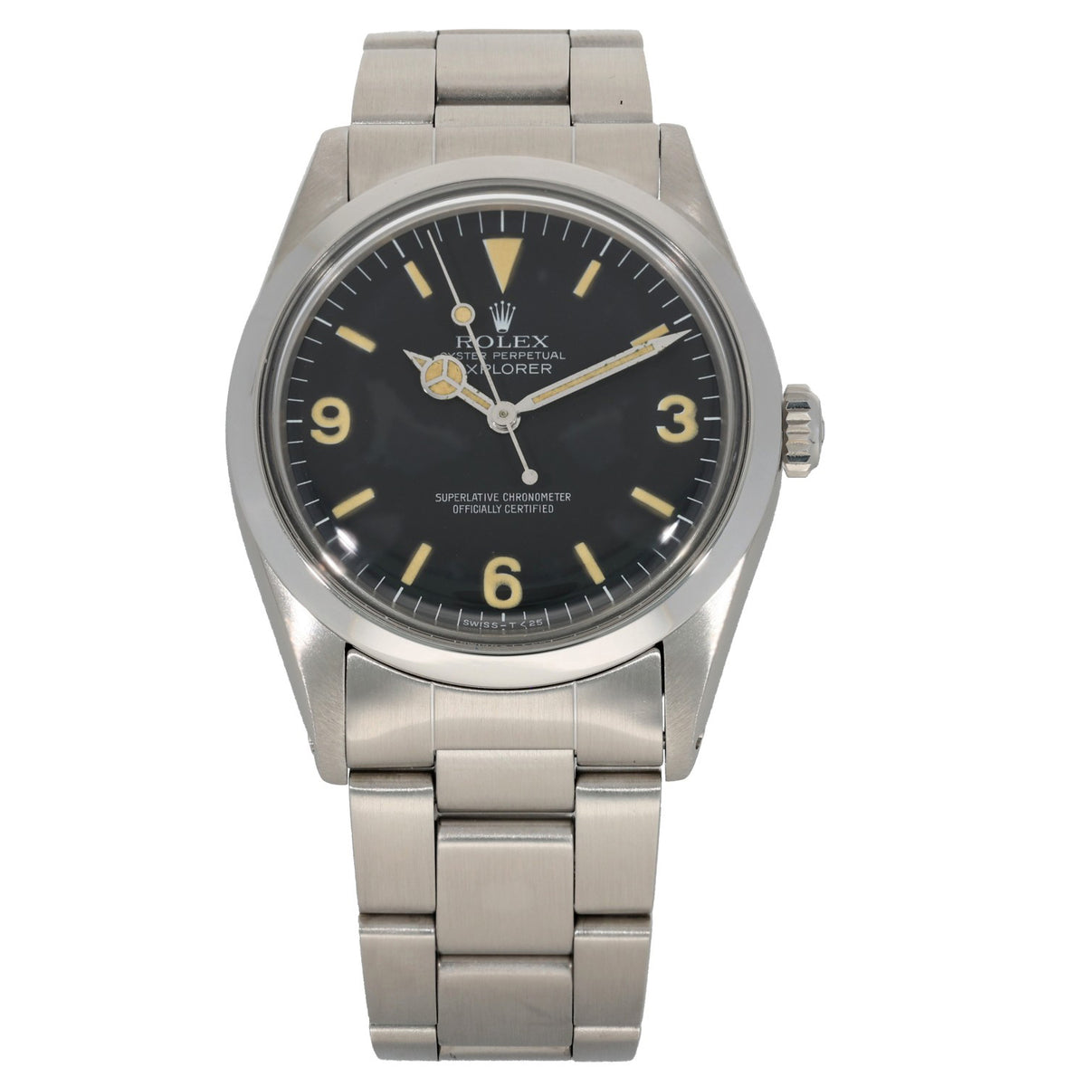 Rolex Explorer 1016, vintage watch with black dial and stainless steel, front
