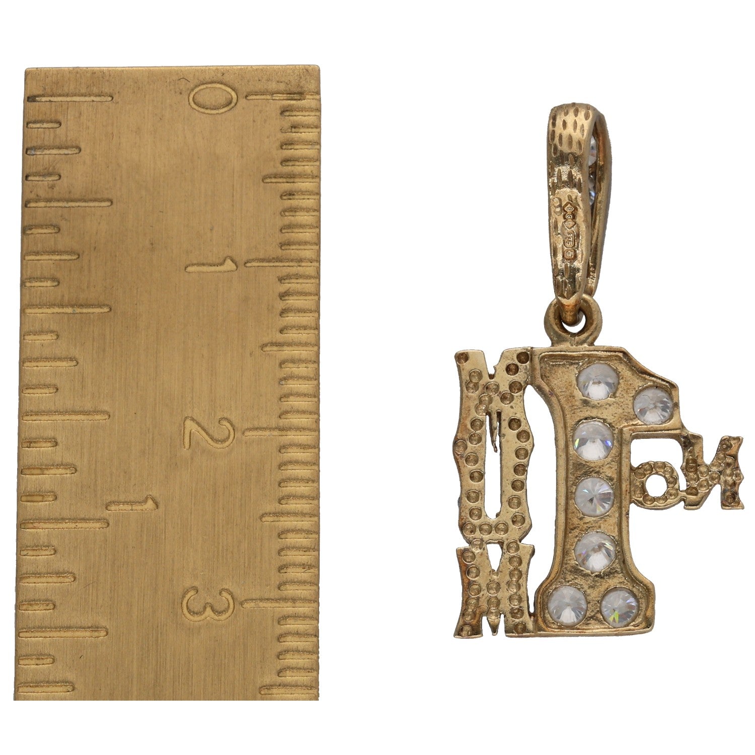 Gold CZ mother pendant detail with 'MOM' letters and loop