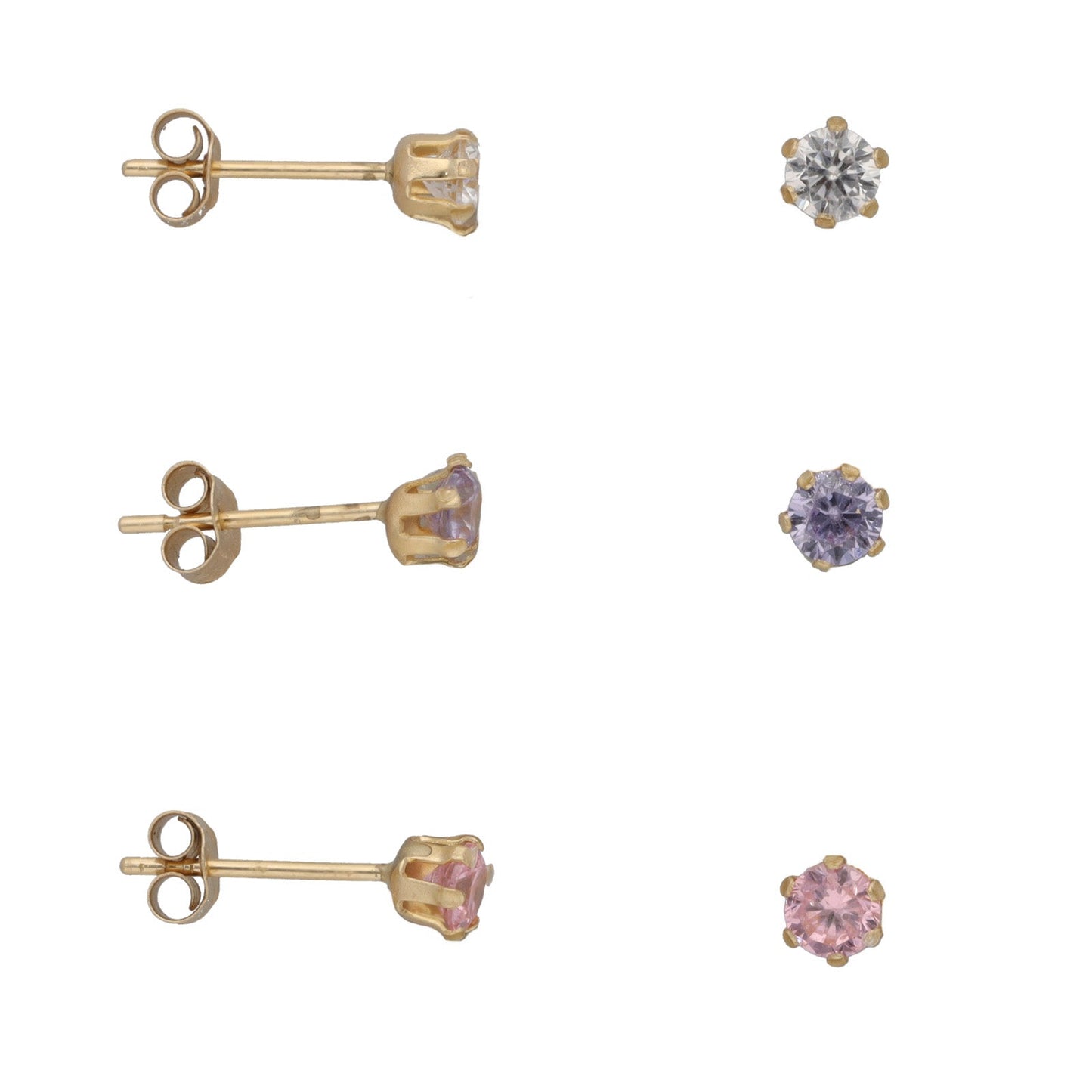 9ct Gold Set Of 3 CZ Stud Earrings