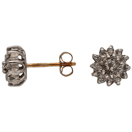 Bicolour gold round diamond cluster stud earrings, with yellow-toned posts