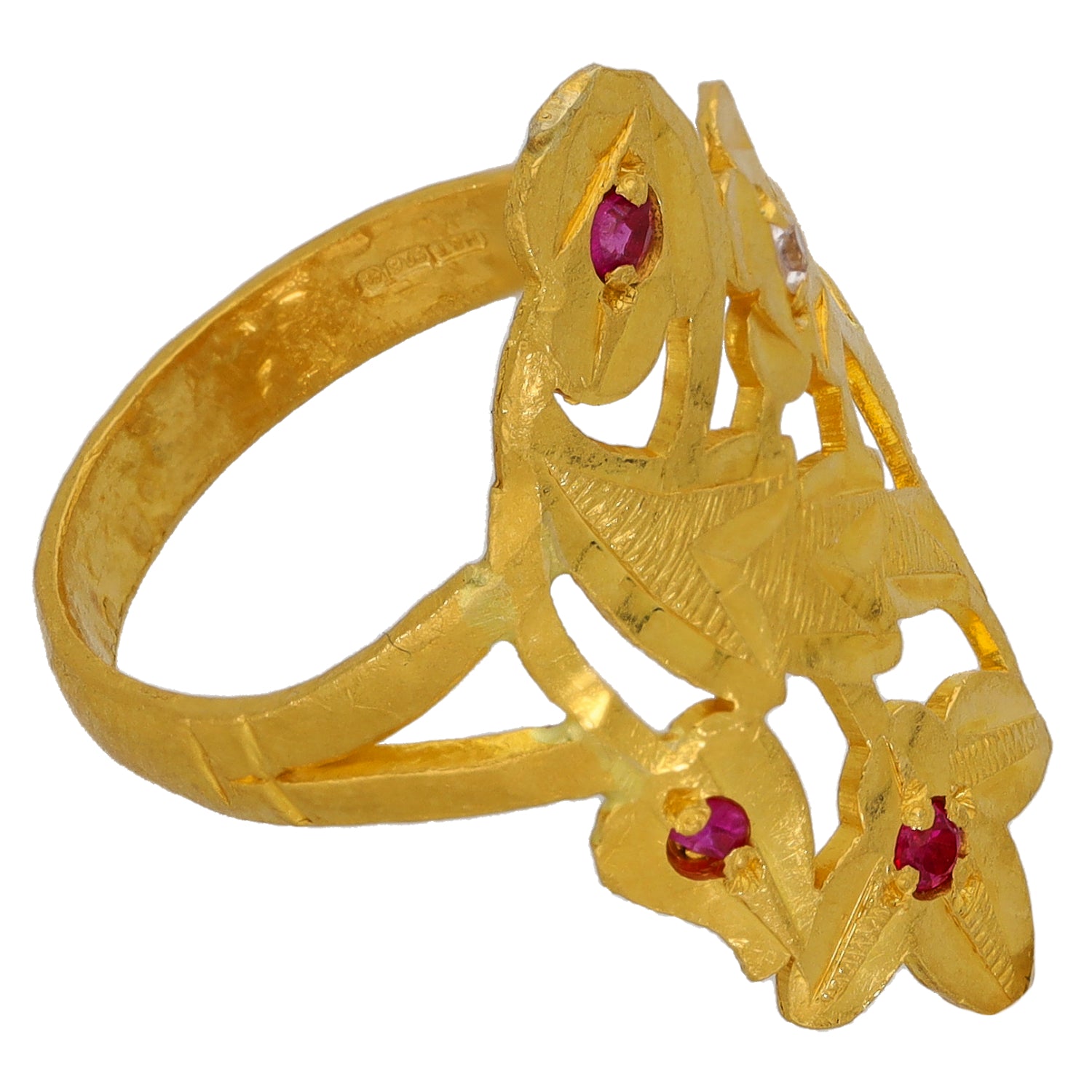 22ct Gold-tone openwork ring band with floral motif and red gemstone accents on side