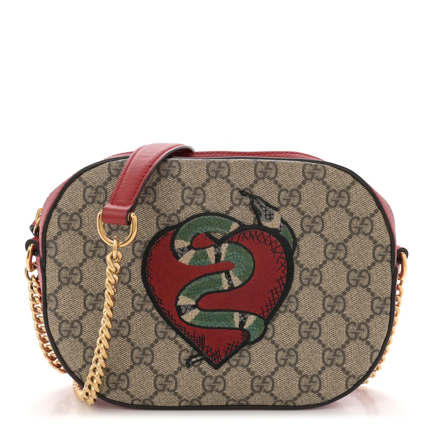 Gucci Kingsnake Heart Embroidered Mini Chain GG Supreme Coated Canvas Bag - Beige
