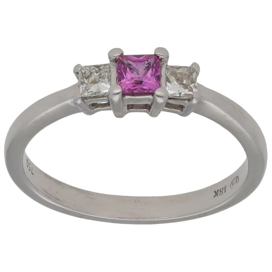 18ct White Gold Sapphire & 0.12ct Diamond Trilogy Ring Size N