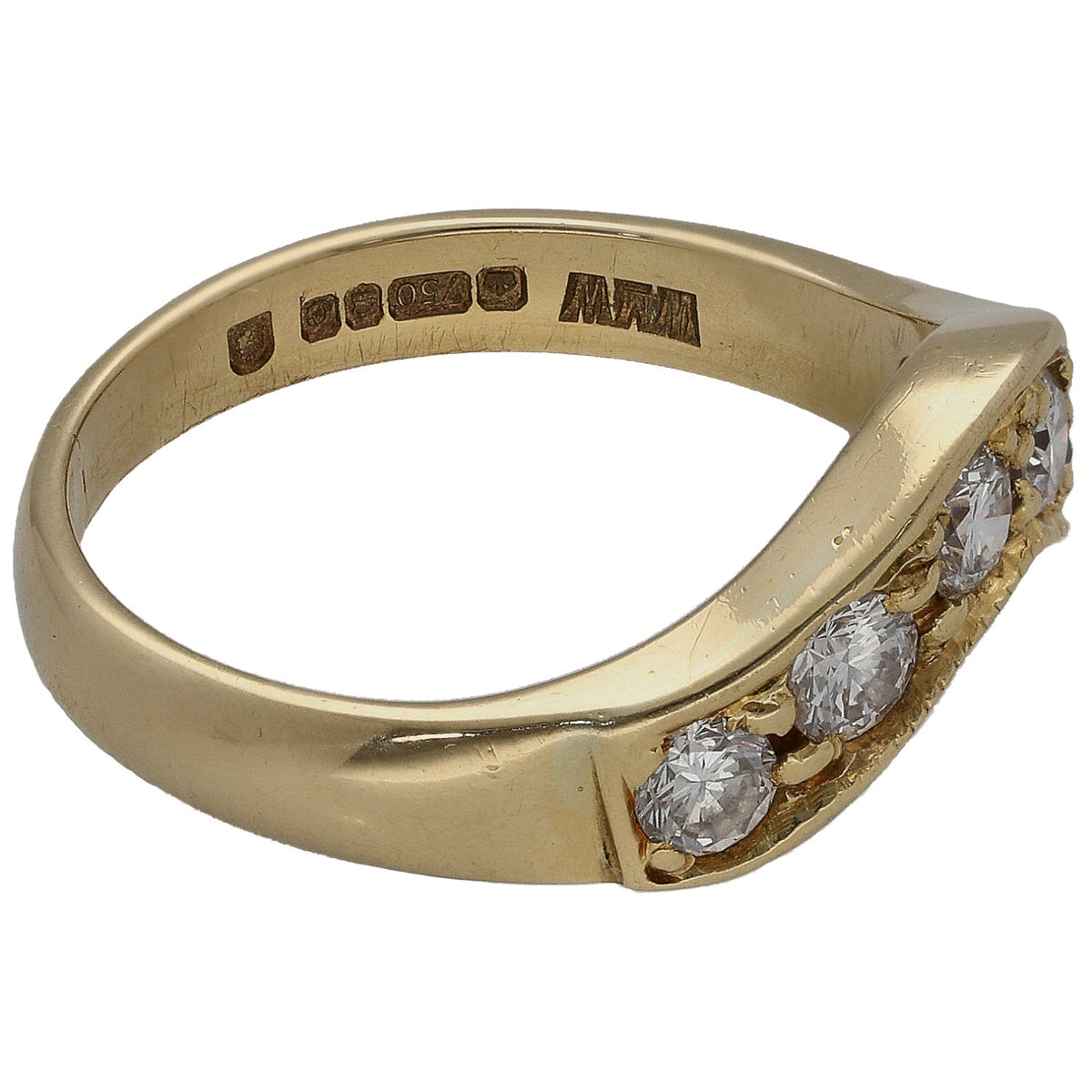 18ct gold wishbone diamond ring, engraved inner band and side round stones