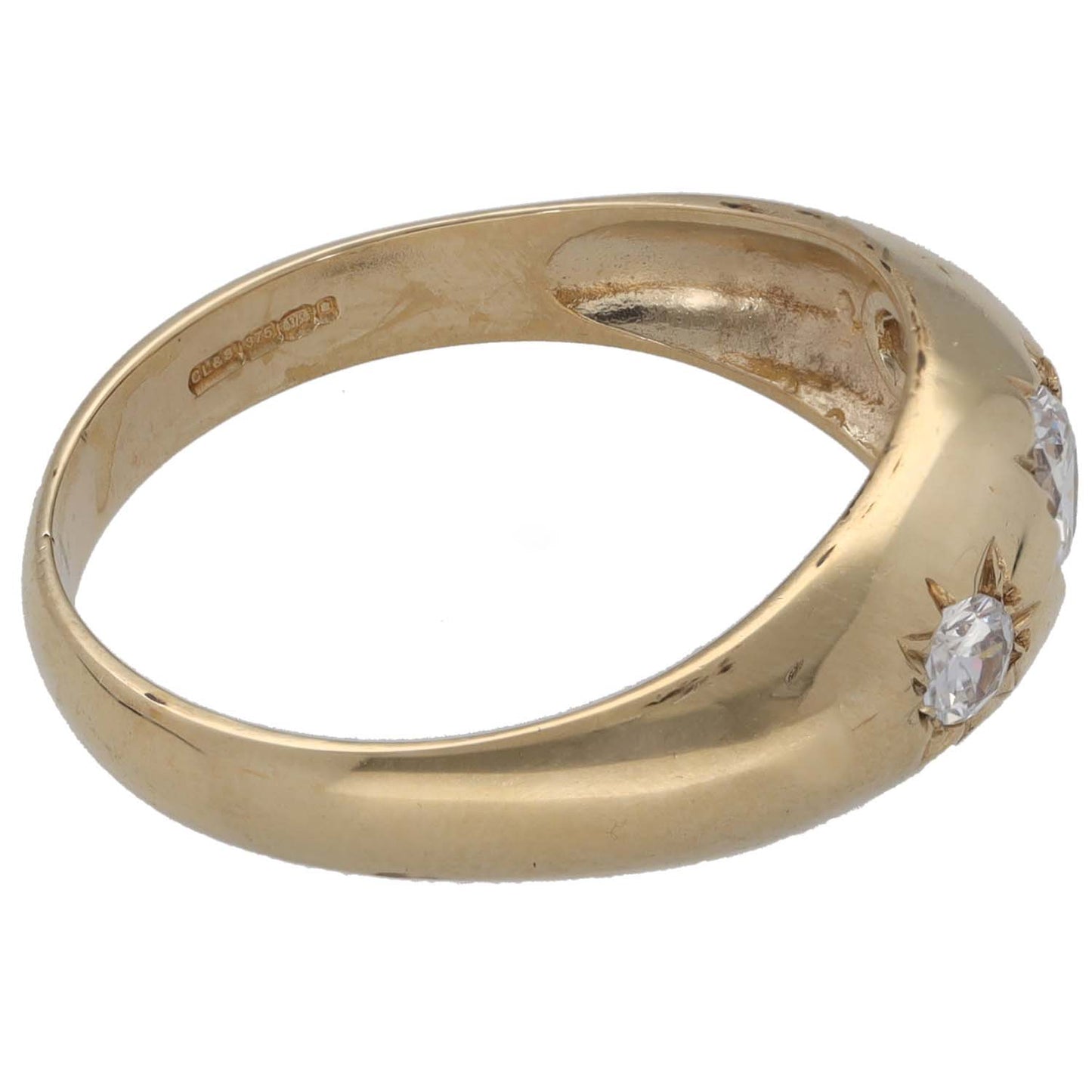 9ct gold CZ three-stone ring, side view with round stones on band