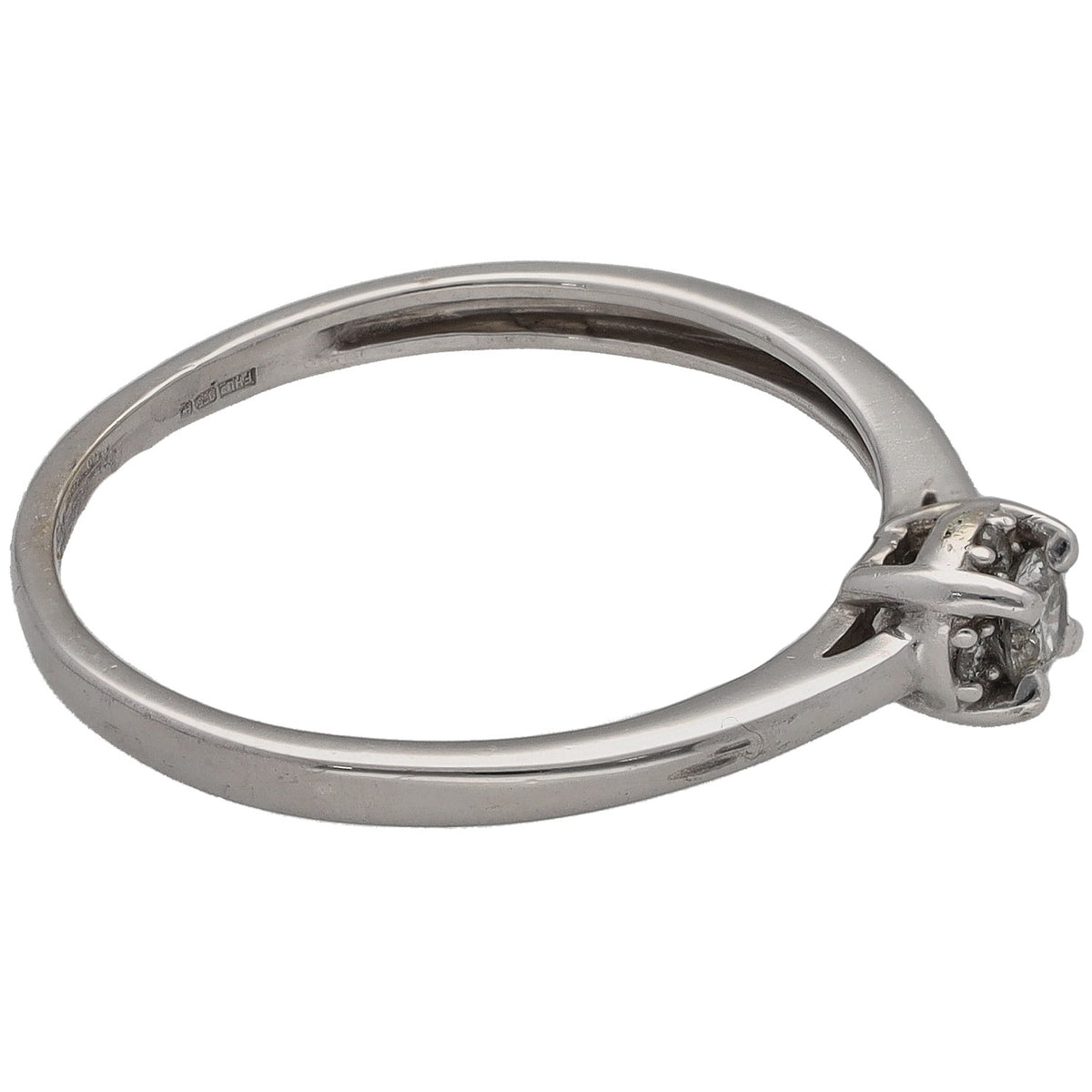 9ct white gold diamond solitaire ring, side view, round cluster setting, size O