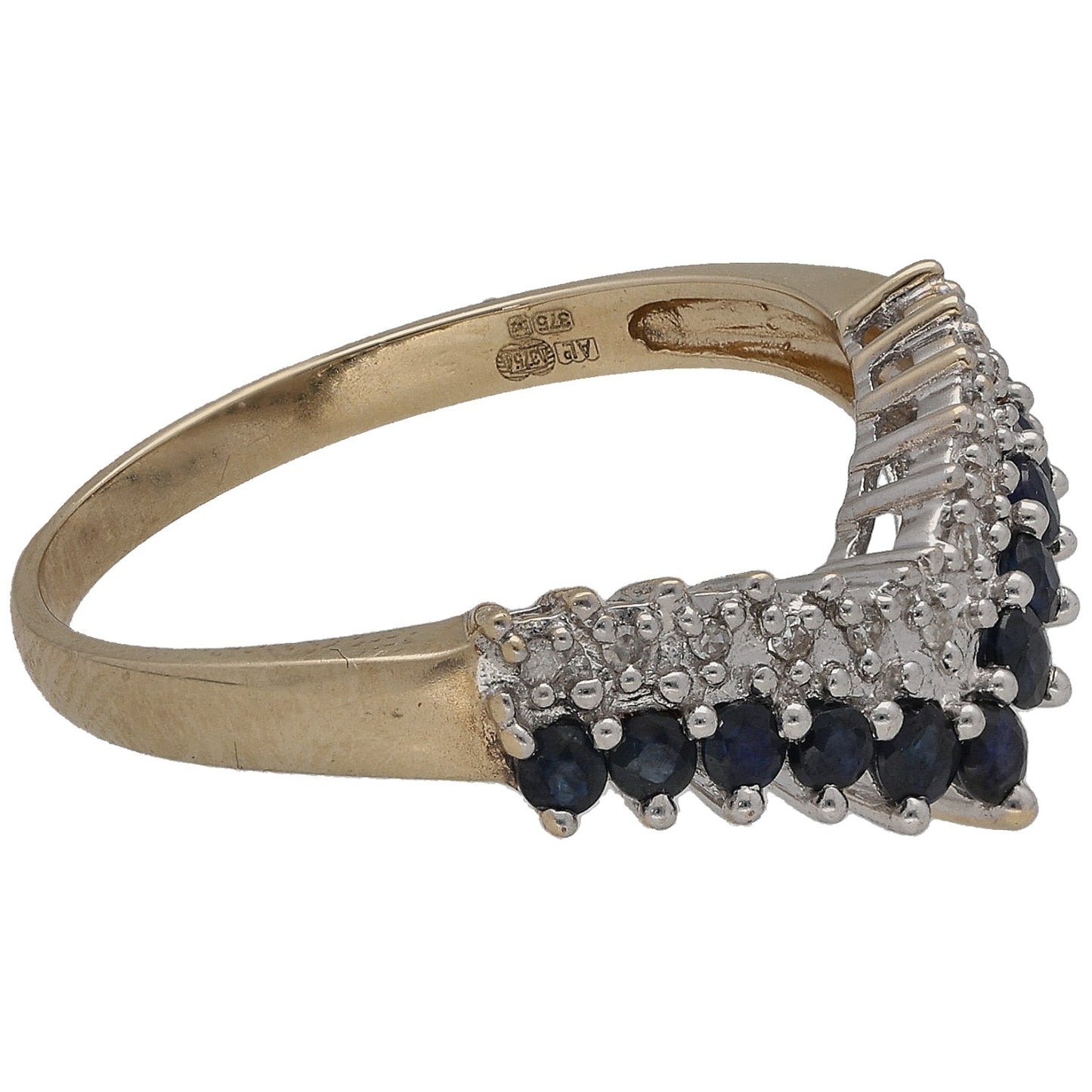 9ct Gold Sapphire & 0.055ct Diamond Wishbone Ring Size O