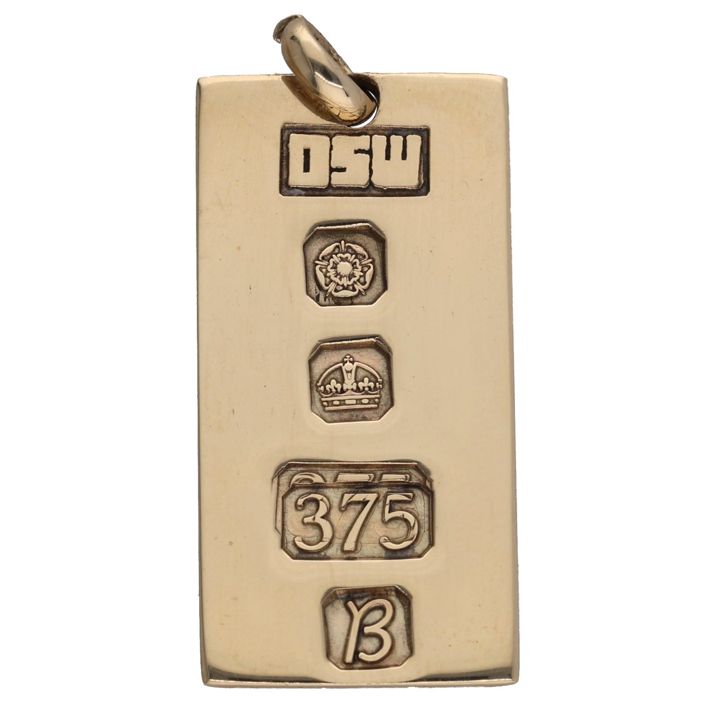 9ct gold ingot pendant, rectangular face with engraved hallmarks and top loop bail