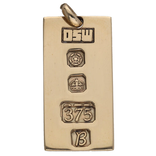 9ct gold ingot pendant, rectangular face with engraved hallmarks and top loop bail