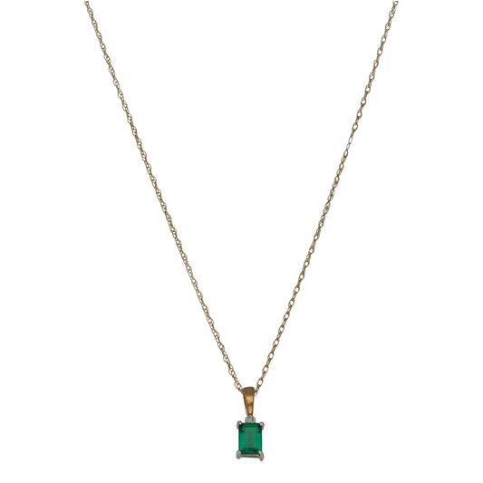 9ct Gold Man Made Emerald & 0.005ct Diamond Dress/Cocktail Pendant With Chain