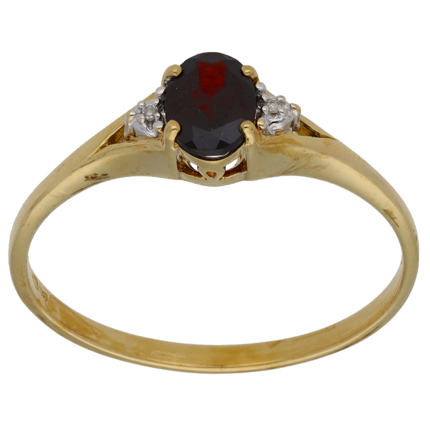 9ct Gold Garnet & 0.01ct Diamond Trilogy Ring Size Y