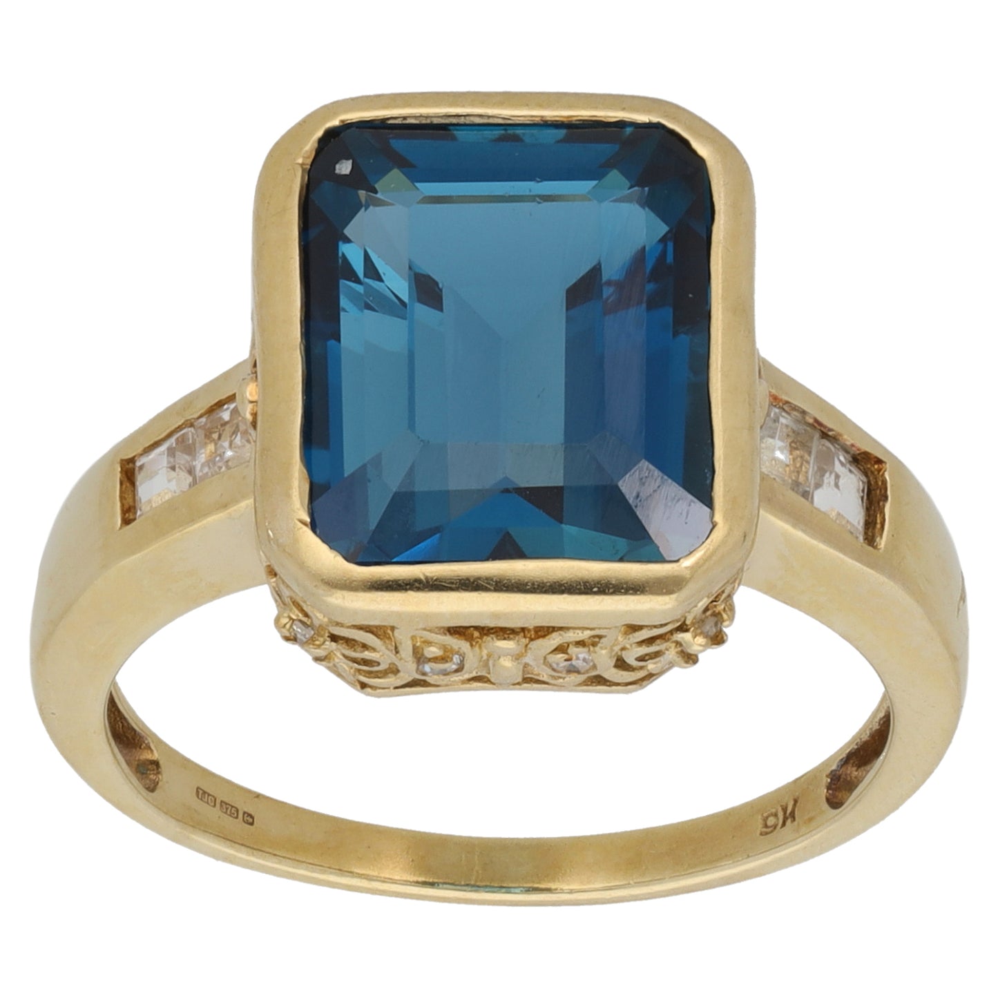 9ct Gold Coated Topaz & White Topaz Single Stone Ring with Accent Stones Size N