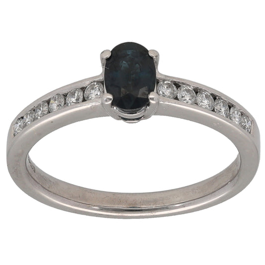 9ct White Gold Sapphire & 0.18ct Diamond Single Stone Ring with Accent Stones Size L