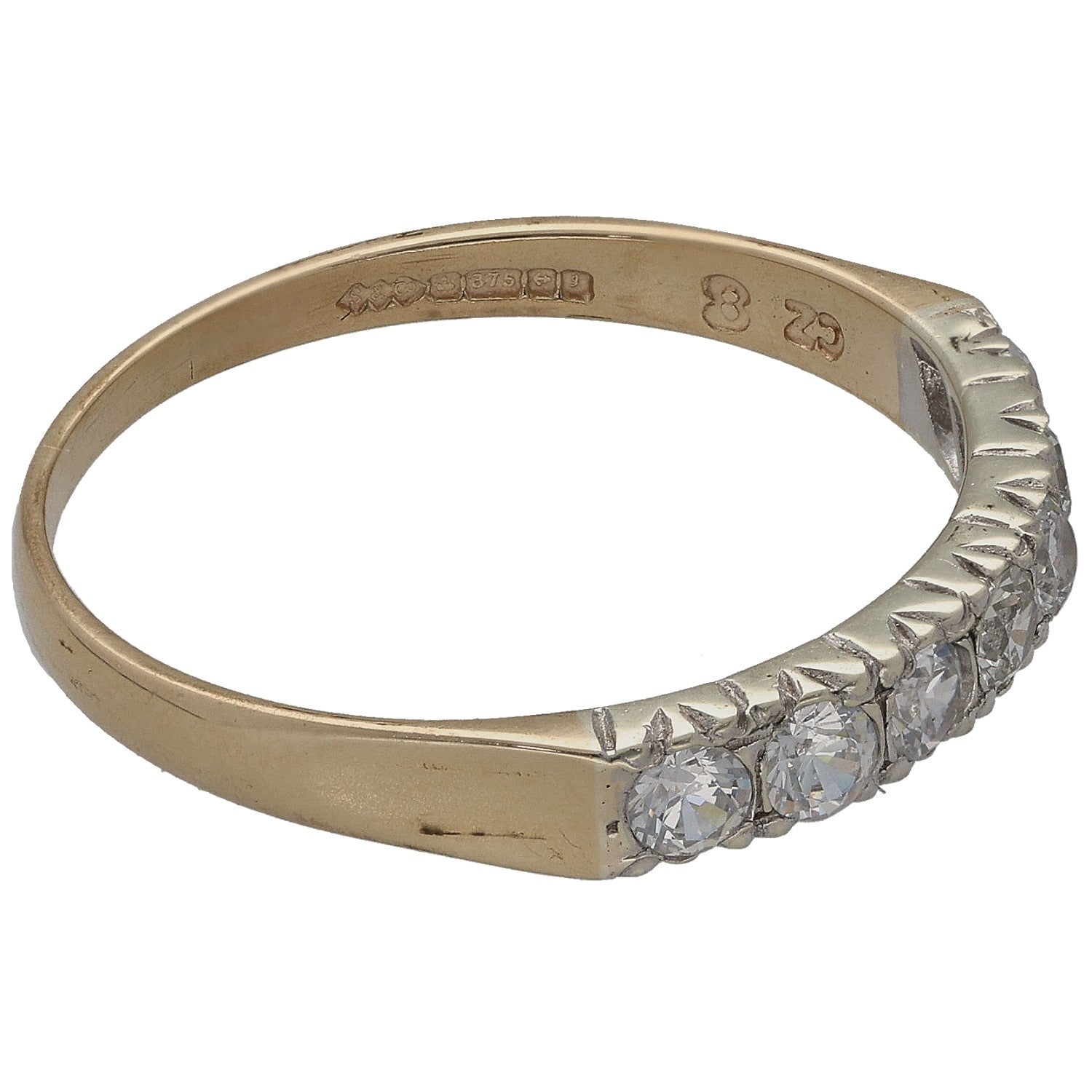 Bicolour gold CZ half eternity ring, angled view with clear stones and inner markings