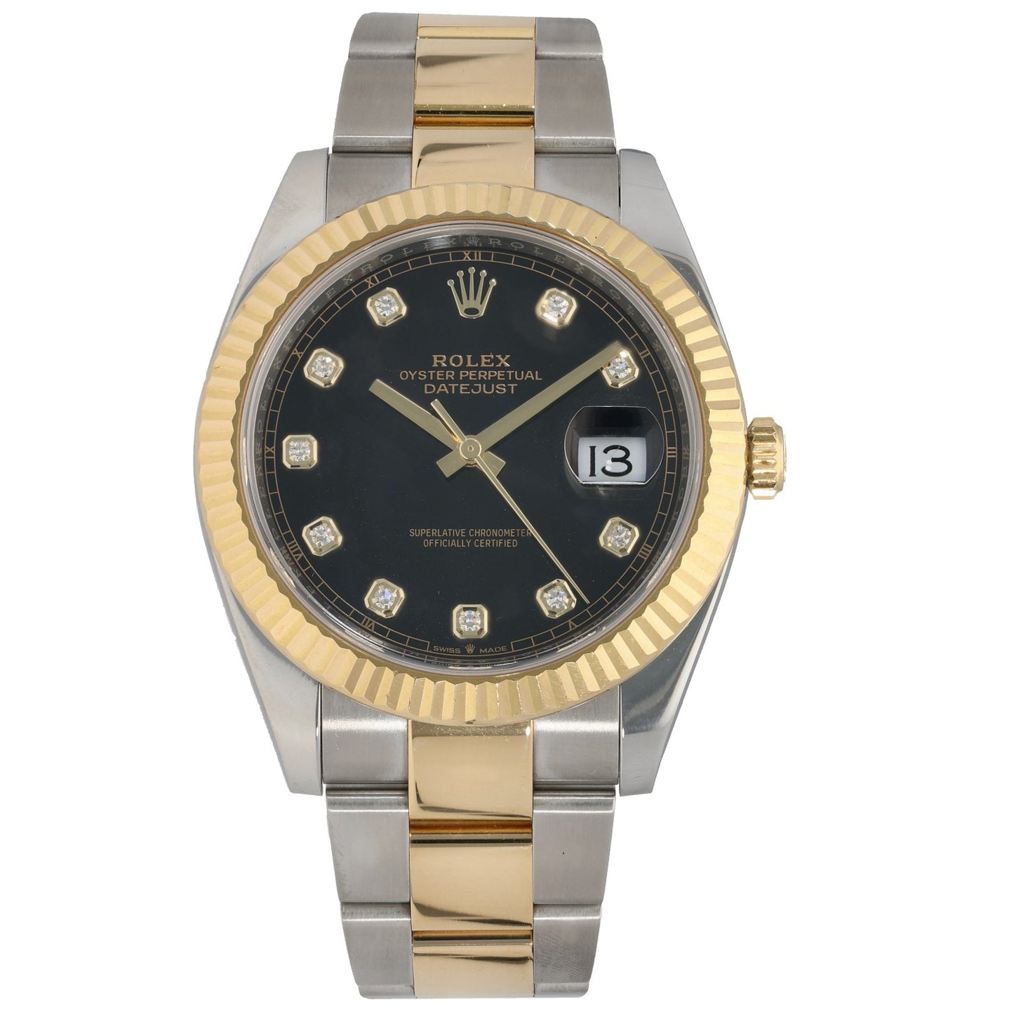 Bi-colour stainless steel Rolex Datejust watch with black dial, gold bezel, date window