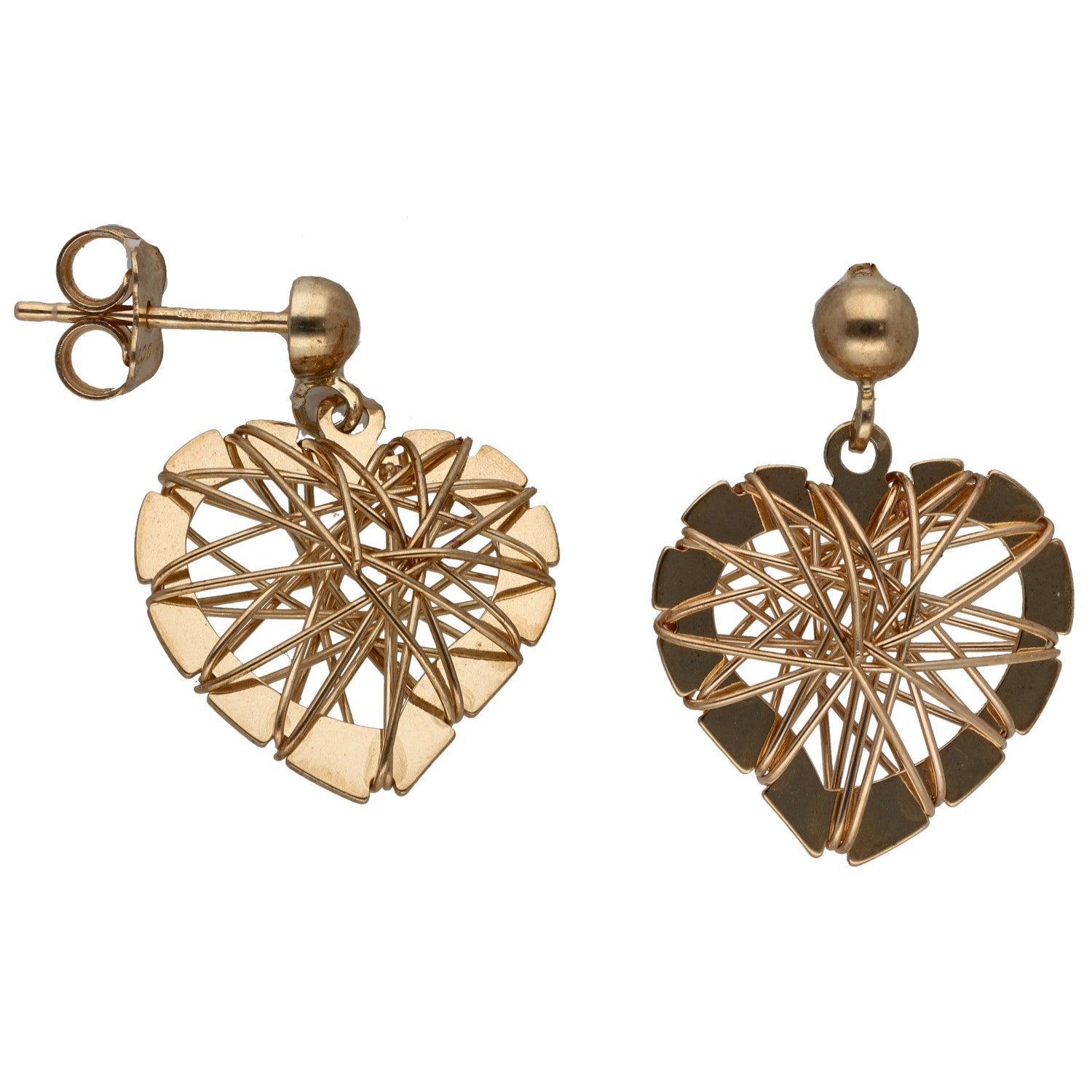 9ct gold heart drop earrings with lattice web design
