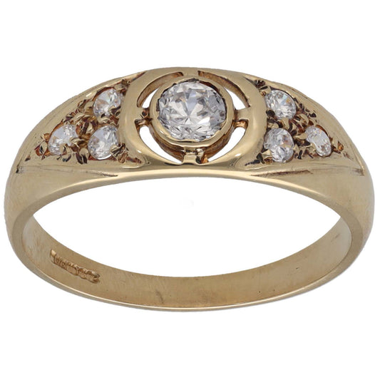 9ct gold-tone CZ alternative ring with round center stone and clustered side stones