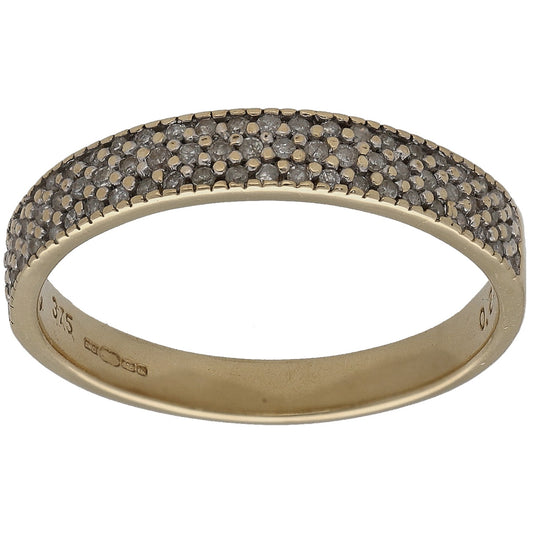 9ct gold dress ring with round diamond pave band and dark diamond border