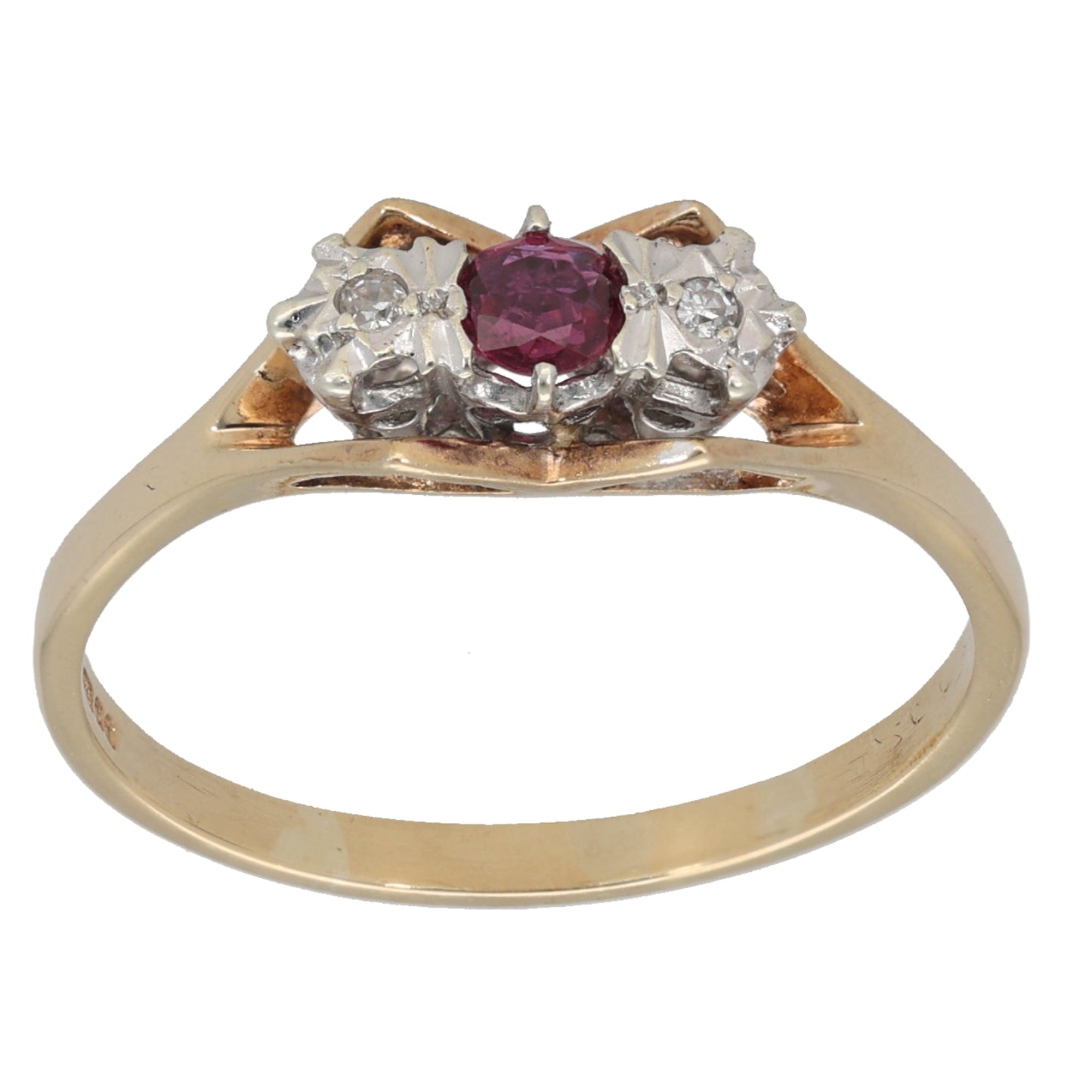 9ct Gold Ruby & 0.02ct Diamond Trilogy Ring Size T