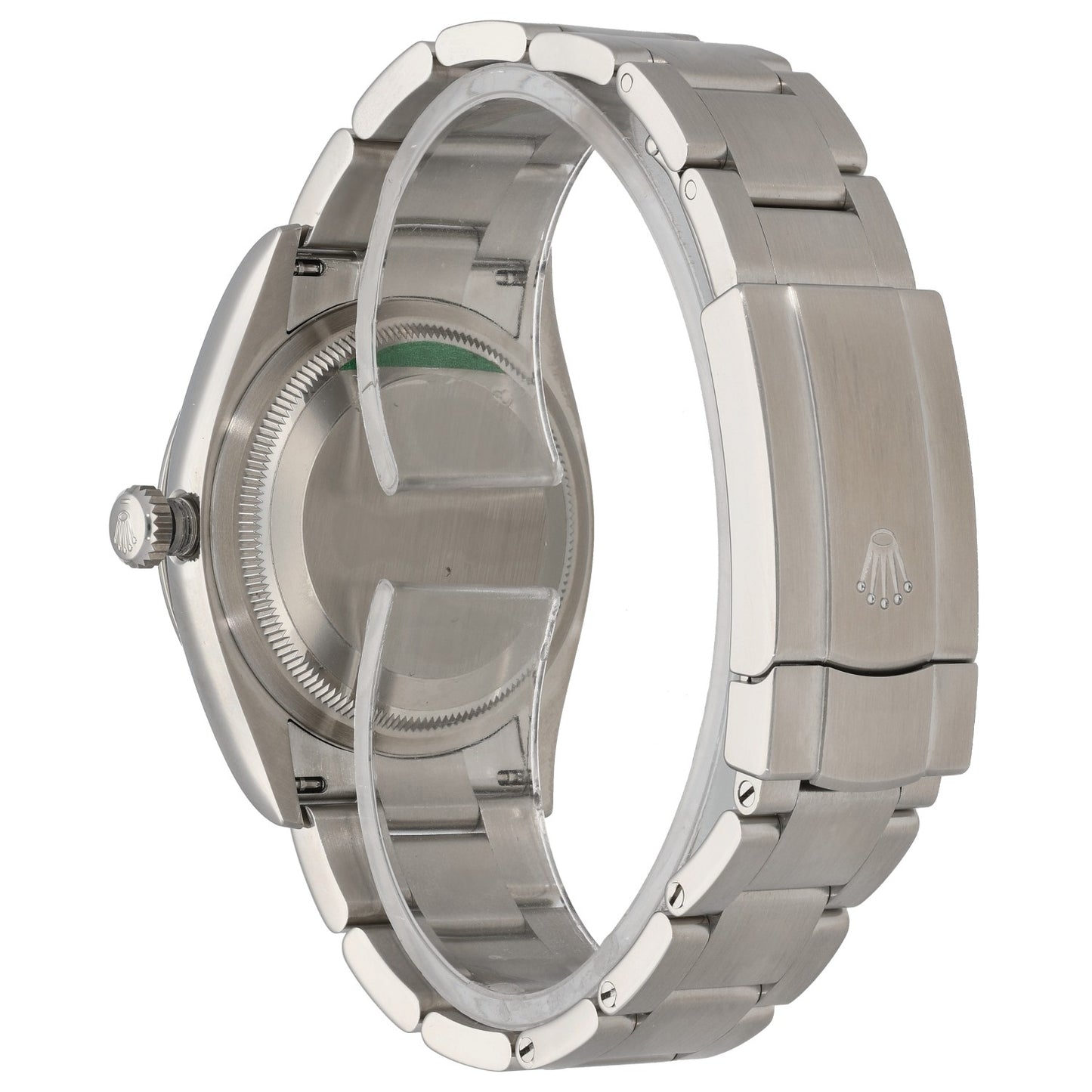 Stainless steel Rolex Oyster Perpetual 126000 watch case and bracelet side, crown detail