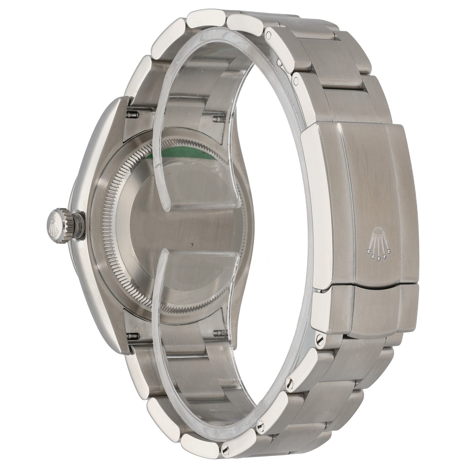 Stainless steel Rolex Oyster Perpetual 126000 watch case and bracelet side, crown detail