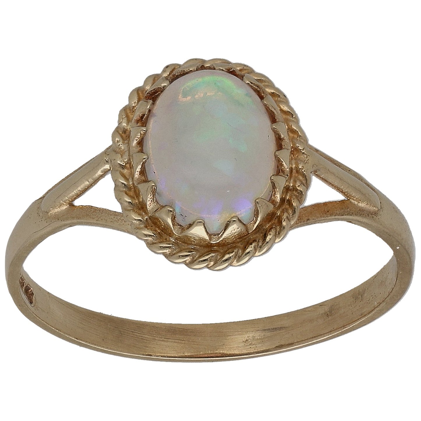 9ct gold opal ring with oval opal in ornate bezel setting