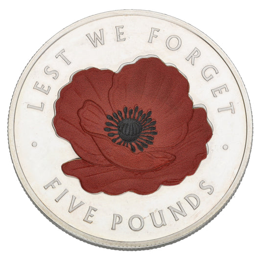 Sterling Silver Lest We Forget Five Pounds Coin 2016