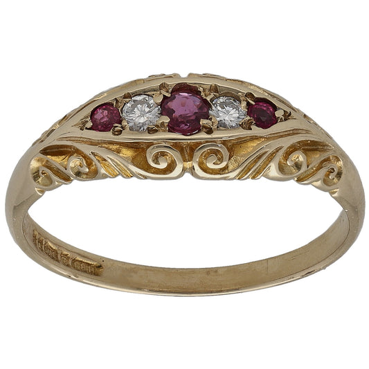 9ct yellow gold half eternity ring with purple rubies and round white diamonds