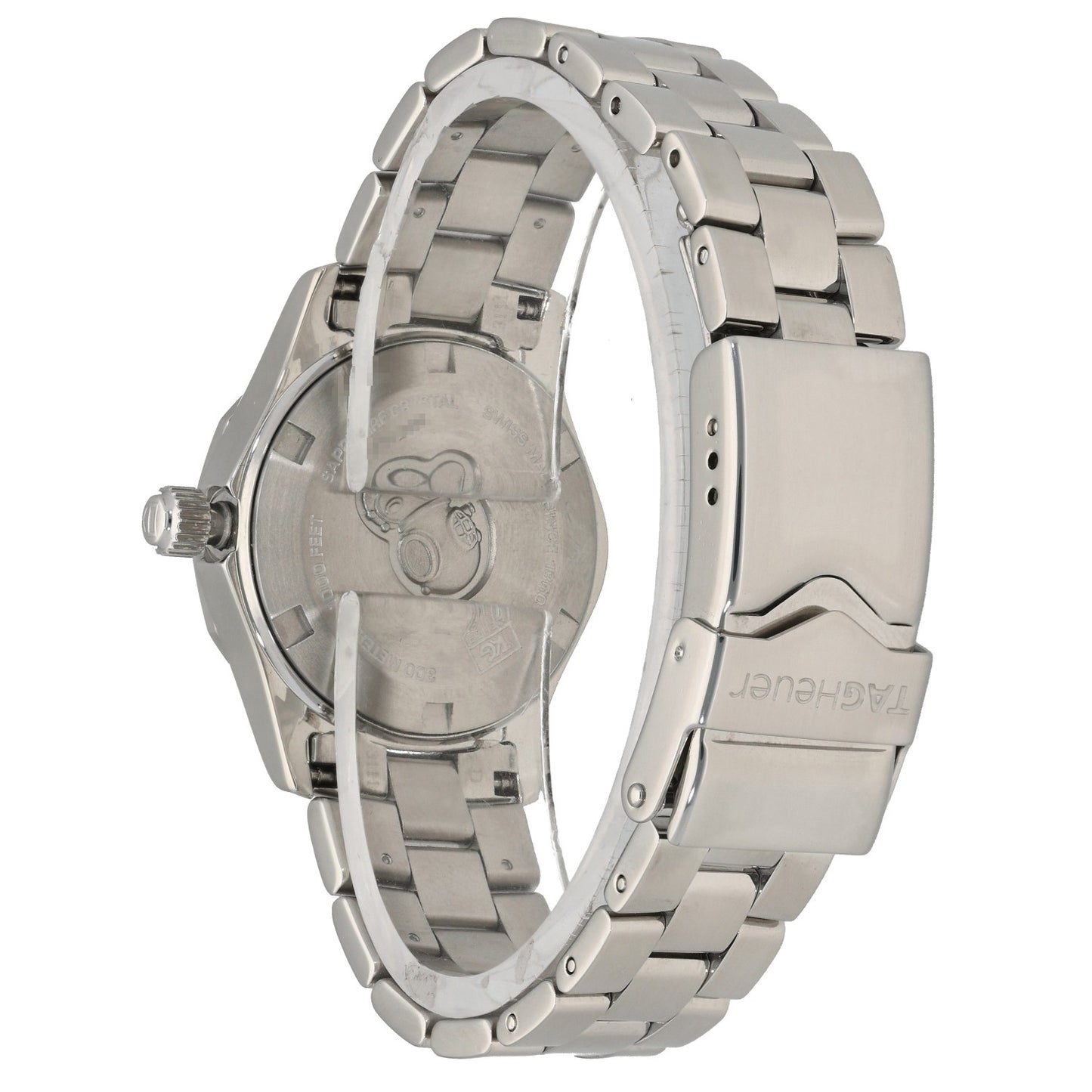 Tag Heuer Aquaracer WAF141A, stainless steel caseback, clasp and bracelet, rear of the watch