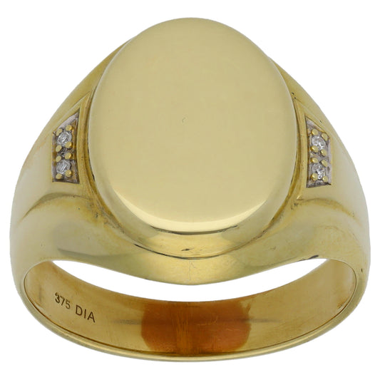 9ct Gold 0.04ct Diamond Patterned Signet Ring Size V