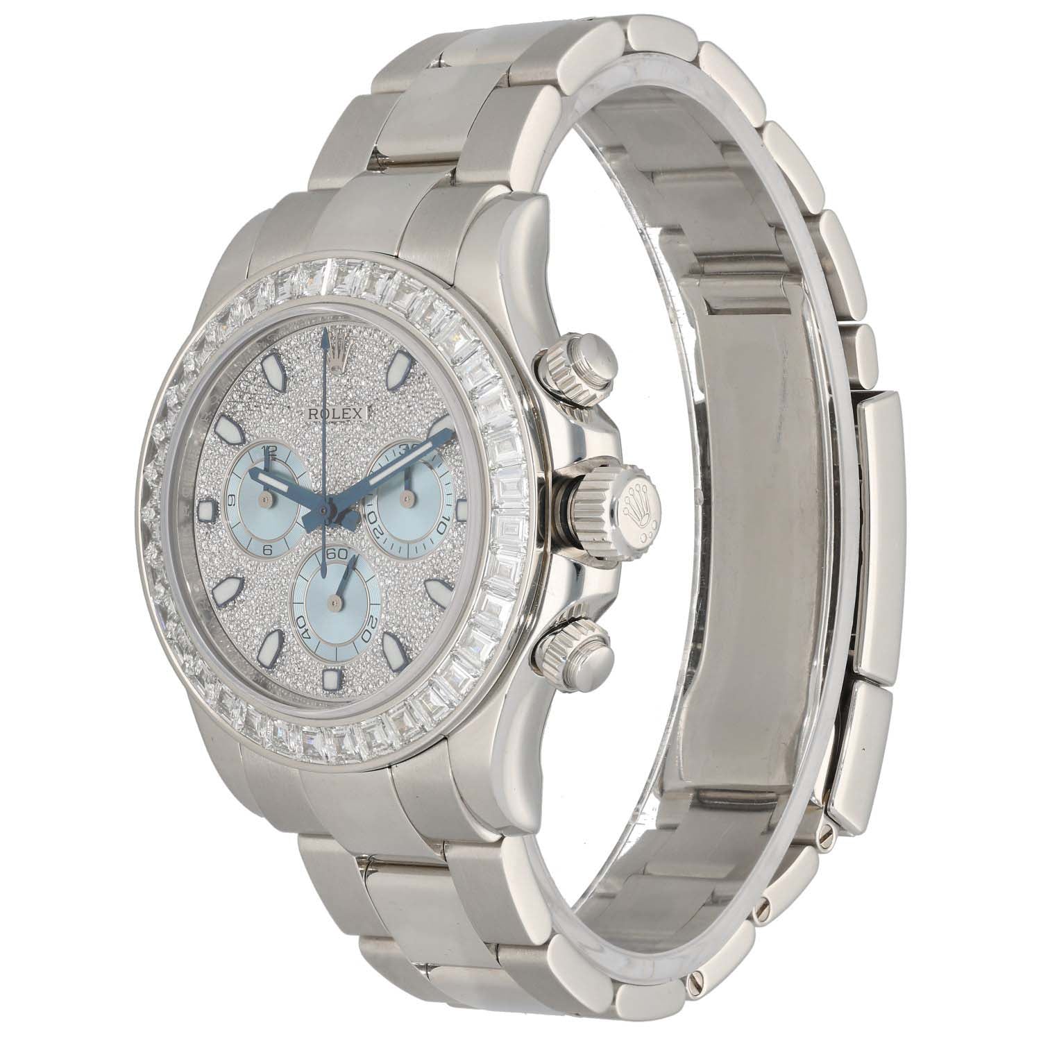 Platinum Rolex Daytona 116576TBR chronograph watch angled view, light blue dial, diamond bezel, pushers