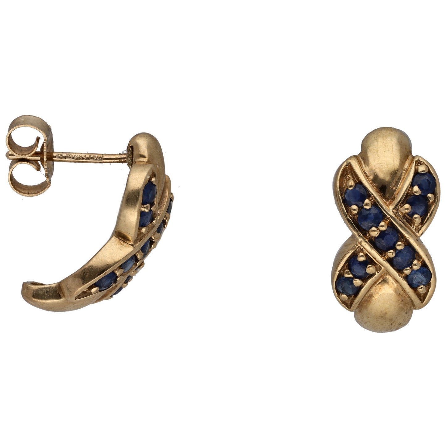 9ct gold sapphire hoop earrings with blue stone clusters