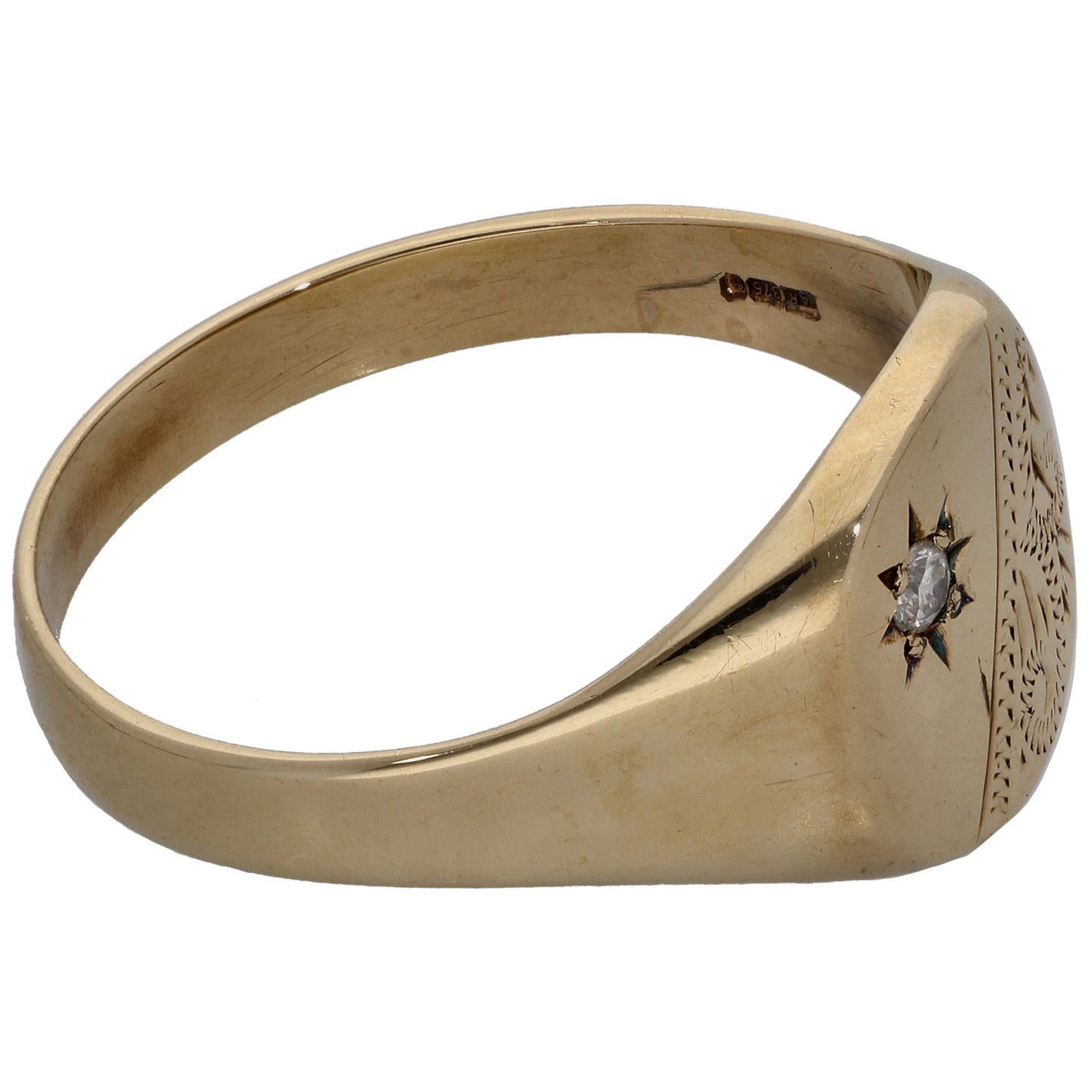 9ct Gold 0.05ct Diamond Patterned Single Stone Signet Ring Size Z+3
