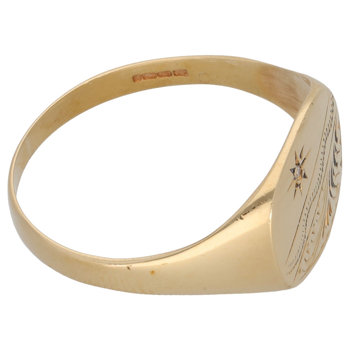 9ct Gold 0.01ct Diamond Patterned Signet Ring Size Z