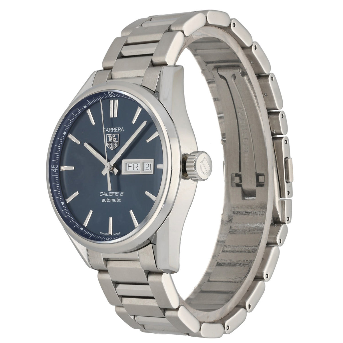 Tag Heuer Carrera WAR201E, blue dial in stainless steel case and bracelet, front angle image