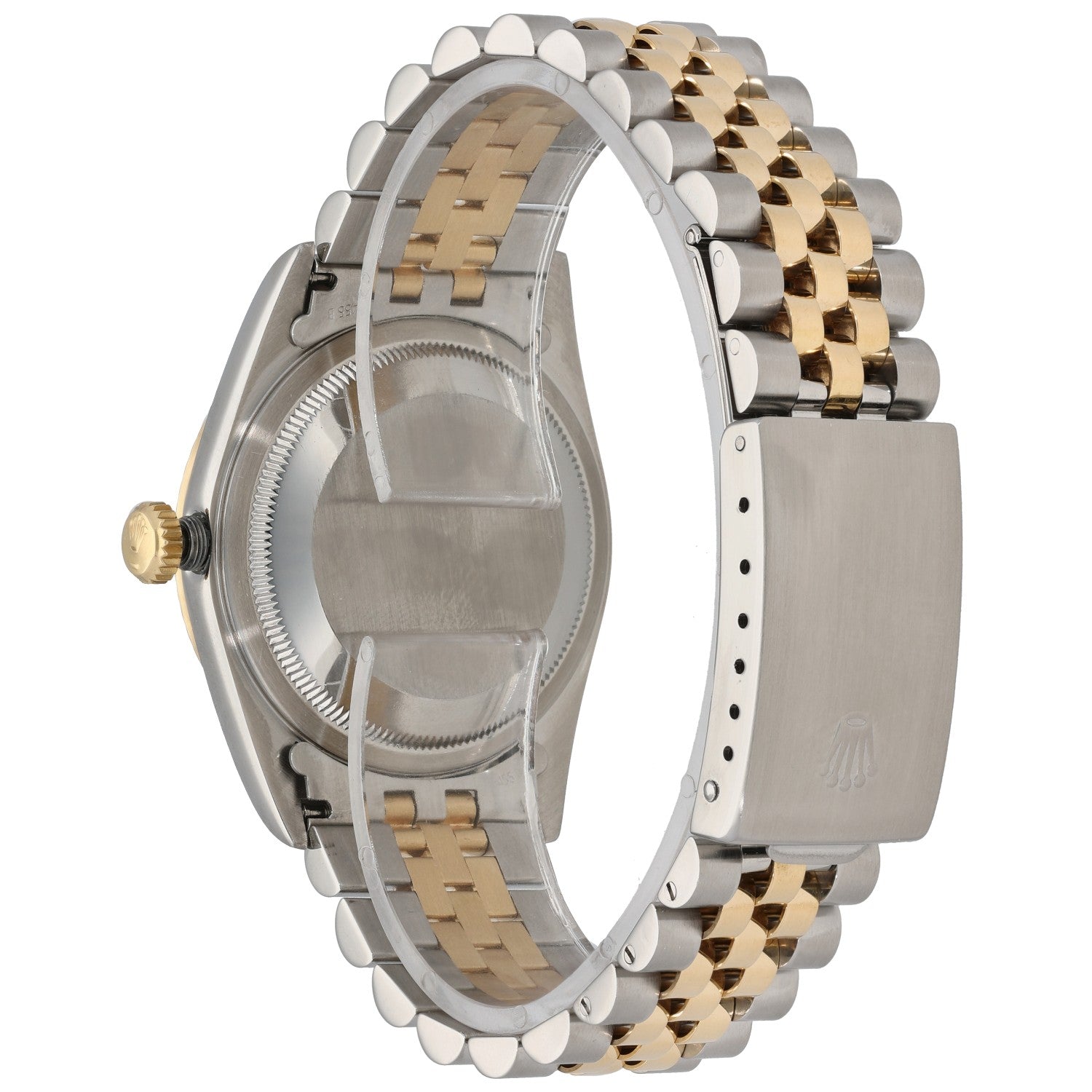 Rolex Datejust 16233 watch caseback view with stainless steel and gold-tone jubilee bracelet