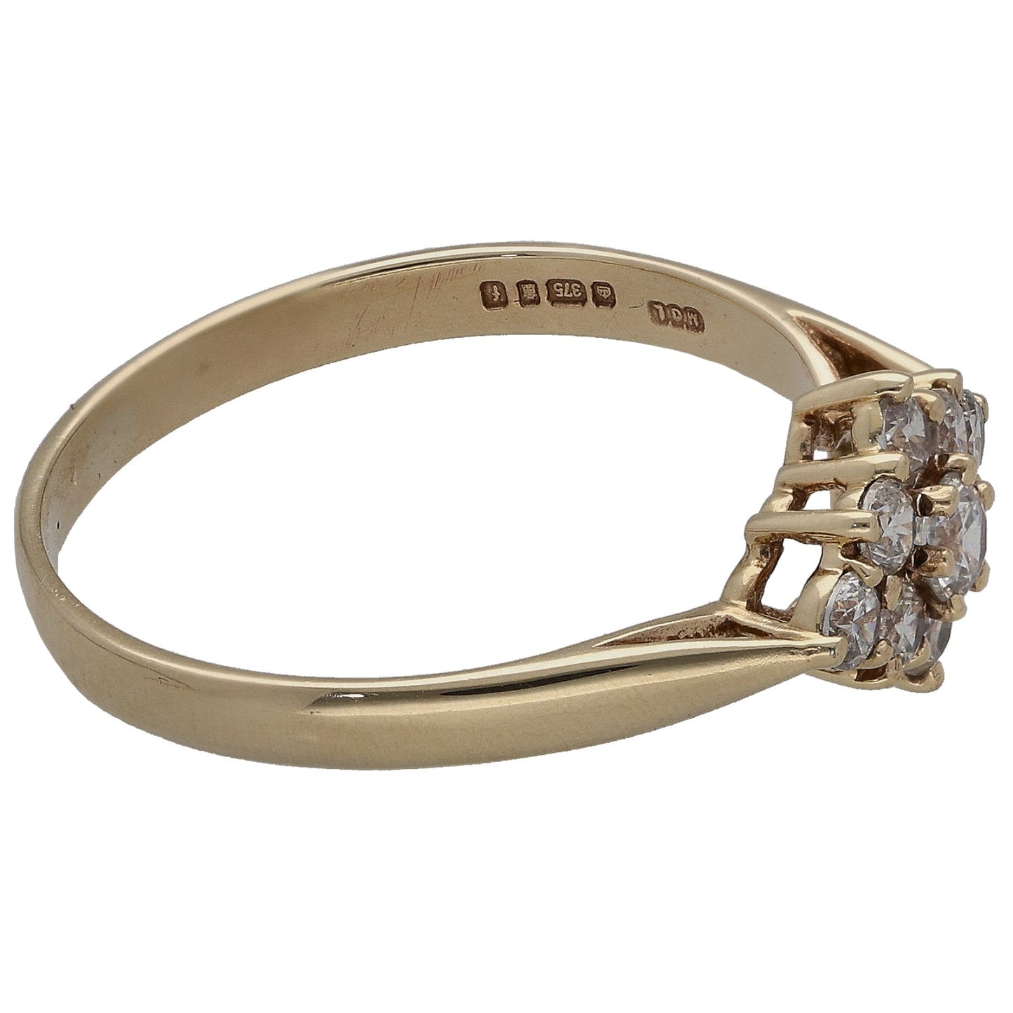 Gold CZ cocktail ring side view with four-stone cluster and stamped inner band