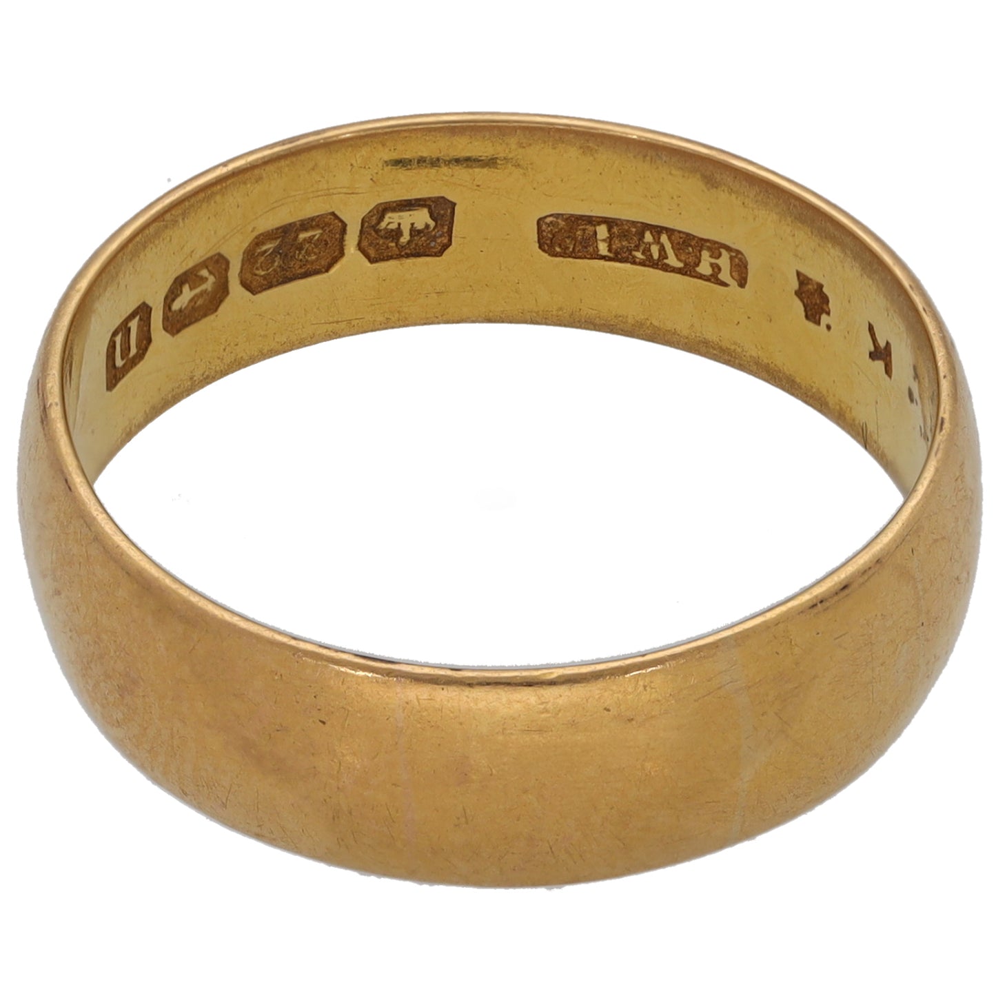 22ct gold wedding ring size R with engraved marks on inner band