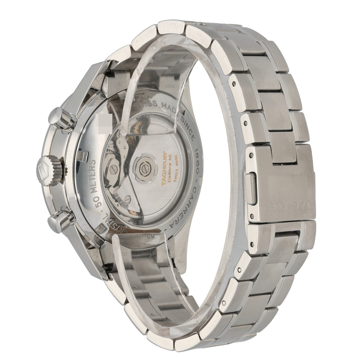 Tag Heuer Carrera CV2013, with a brown  dial and bezel showing a tachymeter, rear angle