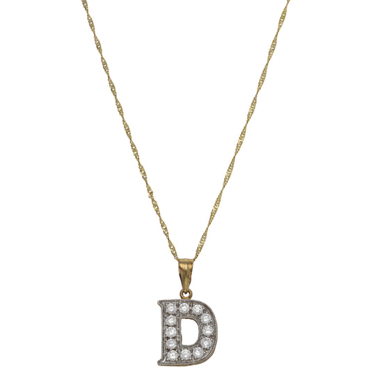 9ct Gold Cubic Zirconia Initial D Pendant With Chain