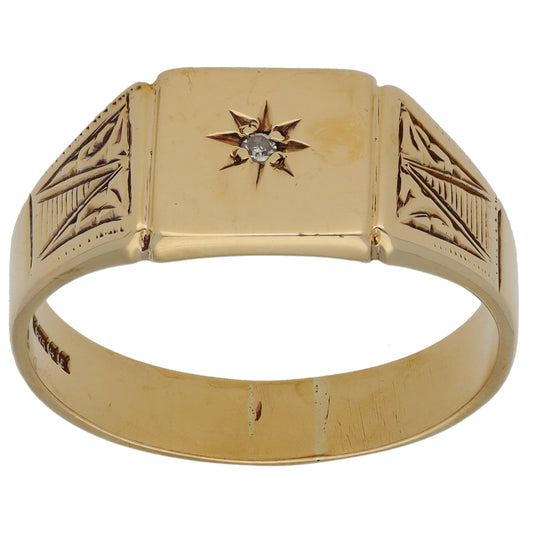 9ct Gold 0.01ct Diamond Patterned Signet Ring Size Y