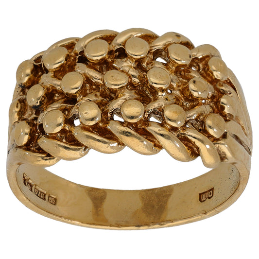 9ct gold keeper ring with raised round bead clusters and ridged band
